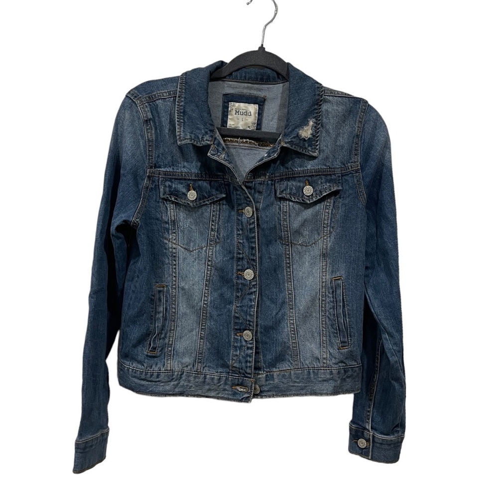 Mudd Jean Jacket Large Wash Denim Y2K Long Sleeves Slightly Distressed Blue